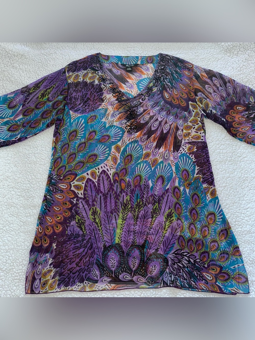 ZURY peacock feathers purple blue sequins beading sheer cover up beach pool L/XL